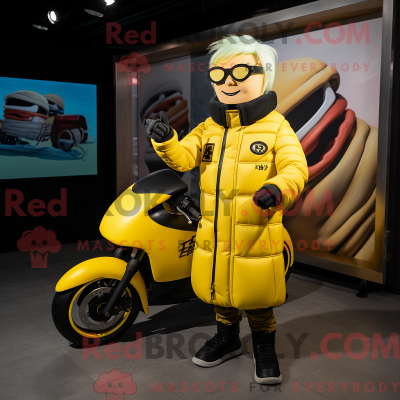 Mascot character of a Yellow Sushi dressed with a Biker Jacket and Eyeglasses Mascot character of a Yellow Sushi dressed with a Biker Jacket and Eyeglasses