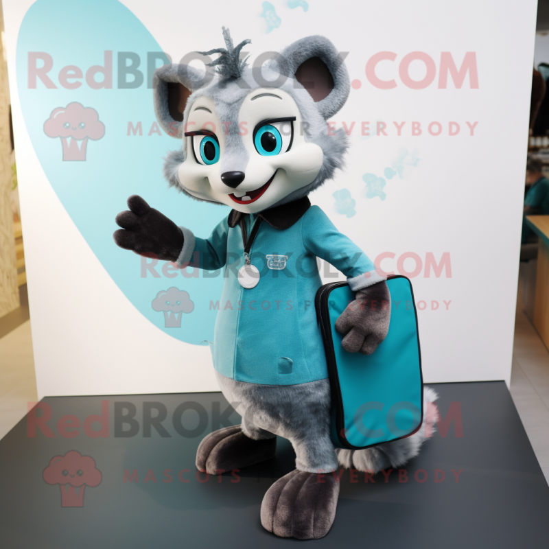 Cyan Civet mascot costume character dressed with a Midi Dress and Wallets Cyan Civet mascot costume character dressed with a Midi Dress and Wallets
