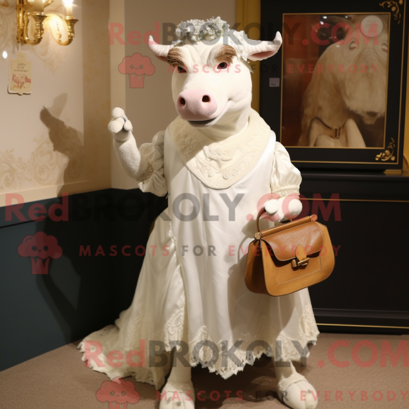 Mascot character of a White Beef Stroganoff dressed with a Wedding Dress and Clutch bags Mascot character of a White Beef Stroganoff dressed with a Wedding Dress and Clutch bags
