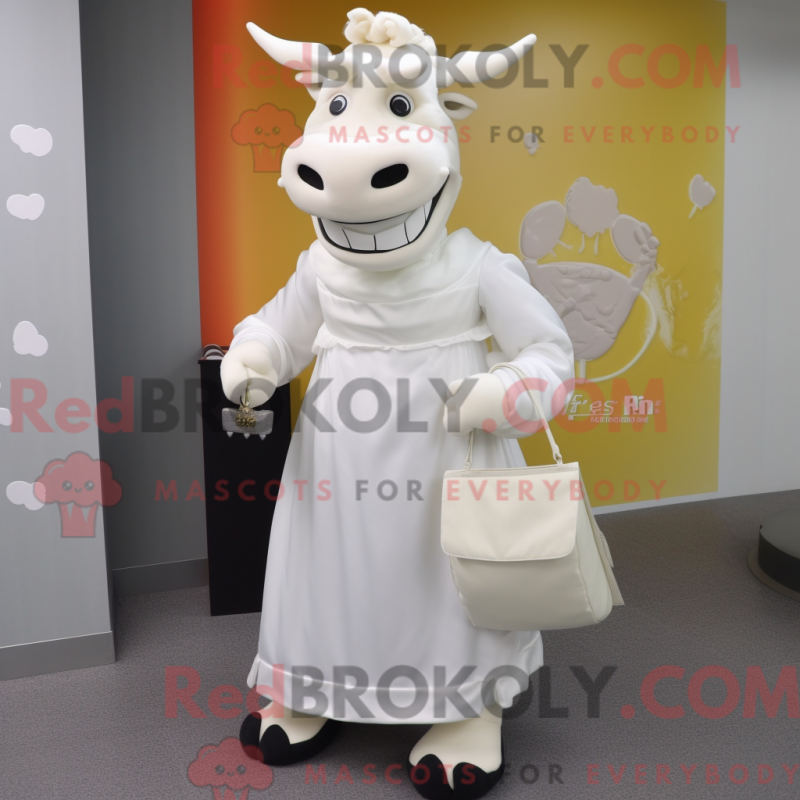 Mascot character of a White Beef Stroganoff dressed with a Wedding Dress and Clutch bags Mascot character of a White Beef Stroganoff dressed with a Wedding Dress and Clutch bags