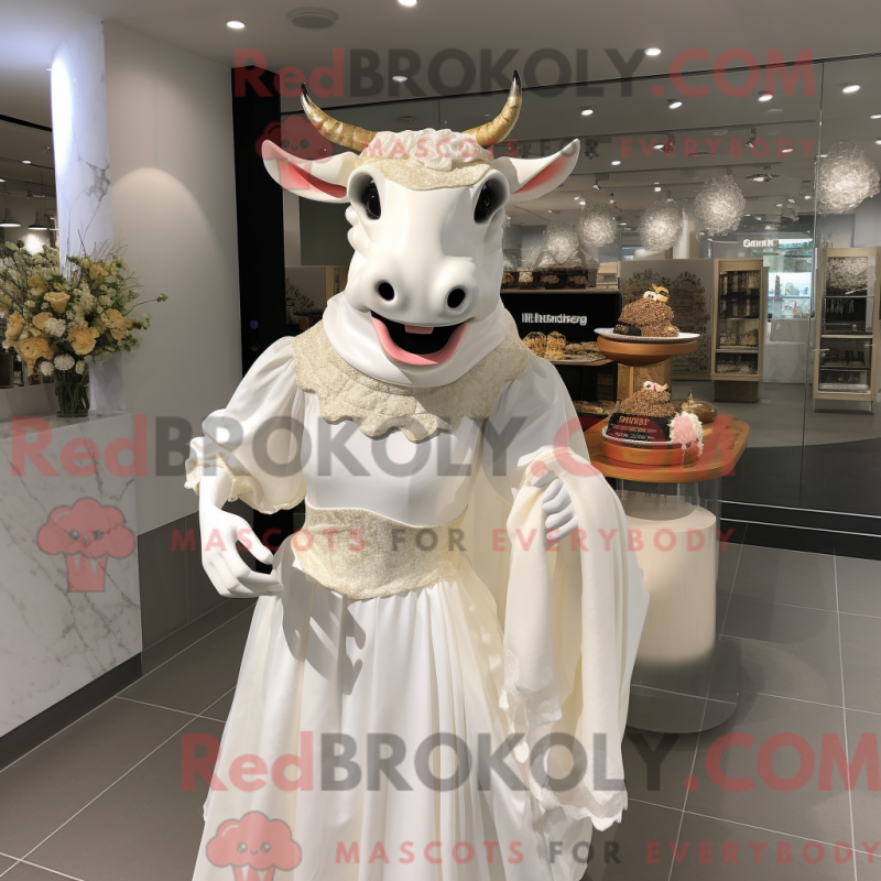 Mascot character of a White Beef Stroganoff dressed with a Wedding Dress and Clutch bags Mascot character of a White Beef Stroganoff dressed with a Wedding Dress and Clutch bags