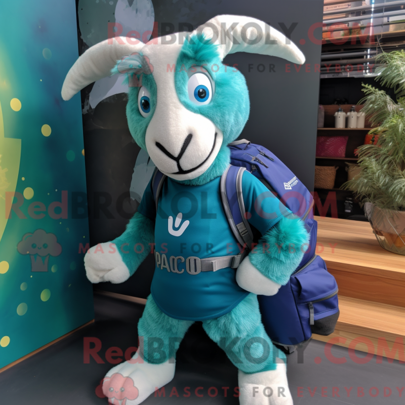 Mascot character of a Teal Goat dressed with a Yoga Pants and Backpacks Mascot character of a Teal Goat dressed with a Yoga Pants and Backpacks