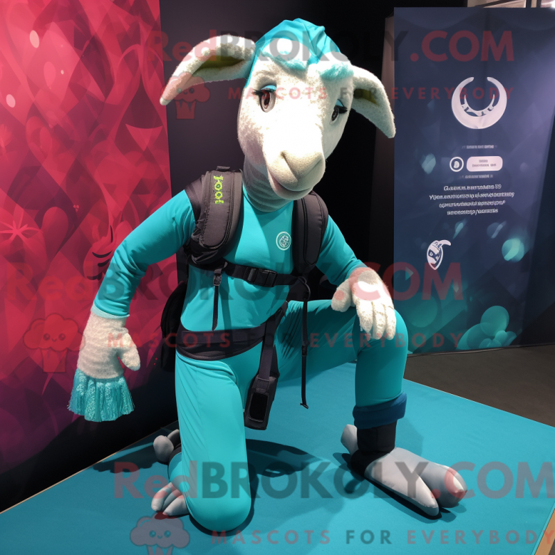 Mascot character of a Teal Goat dressed with a Yoga Pants and Backpacks Mascot character of a Teal Goat dressed with a Yoga Pants and Backpacks