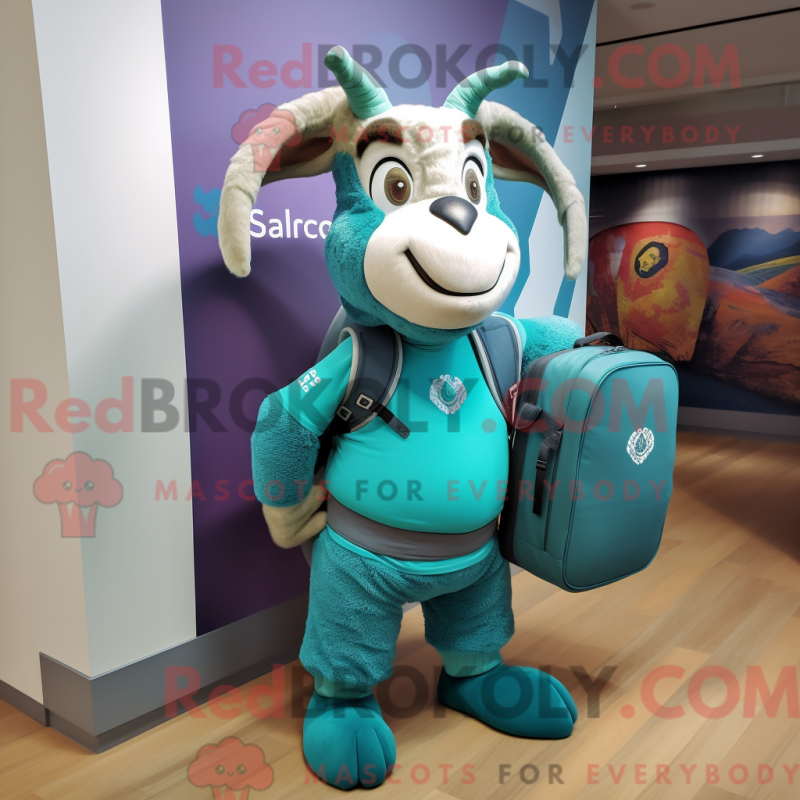 Mascot character of a Teal Goat dressed with a Yoga Pants and Backpacks Mascot character of a Teal Goat dressed with a Yoga Pants and Backpacks