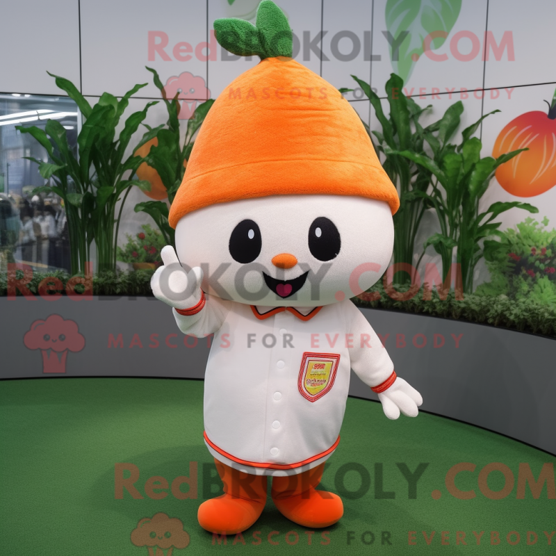 Mascot character of a Peach Carrot dressed with a Baseball Tee and Berets Mascot character of a Peach Carrot dressed with a Baseball Tee and Berets