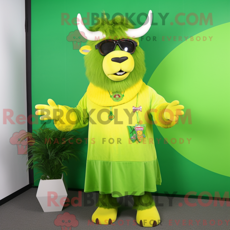 Mascot character of a Lime Green Yak dressed with a A-Line Dress and Sunglasses Mascot character of a Lime Green Yak dressed with a A-Line Dress and Sunglasses