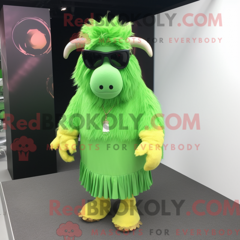 Mascot character of a Lime Green Yak dressed with a A-Line Dress and Sunglasses Mascot character of a Lime Green Yak dressed with a A-Line Dress and Sunglasses