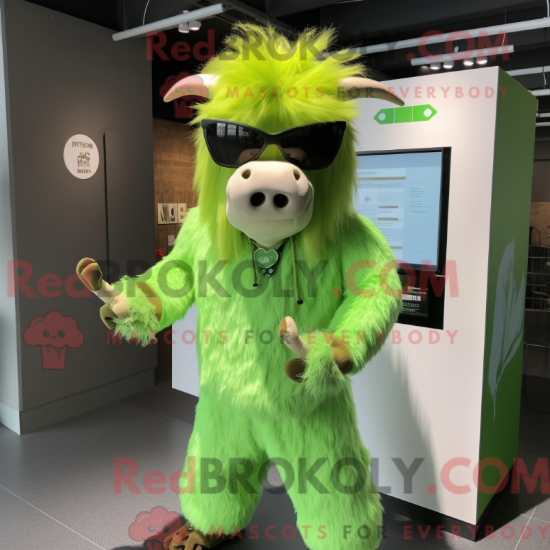 Mascot character of a Lime Green Yak dressed with a A-Line Dress and Sunglasses Mascot character of a Lime Green Yak dressed with a A-Line Dress and Sunglasses