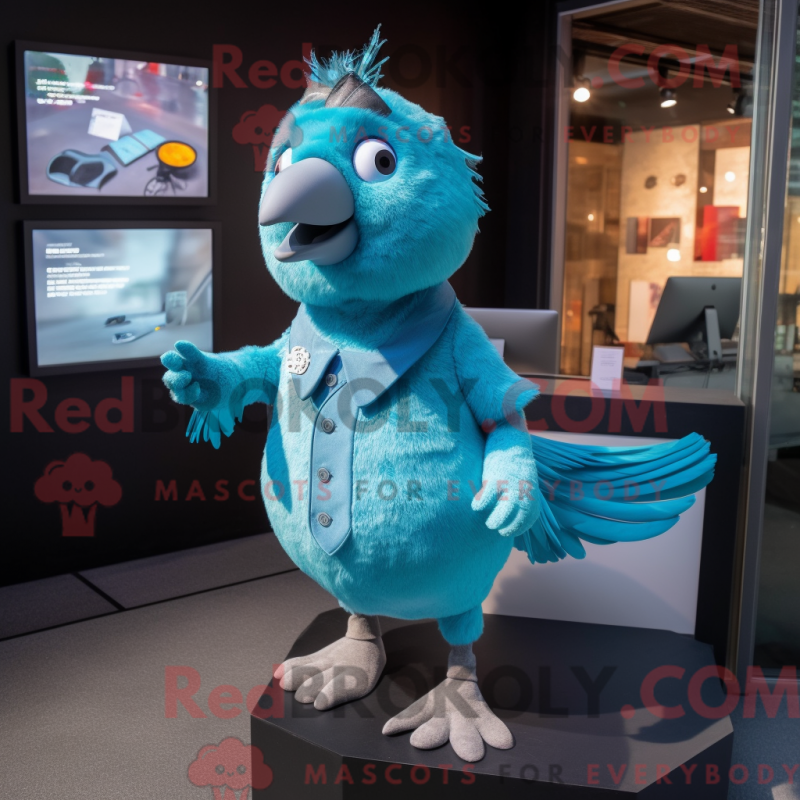 Mascot character of a Cyan Pigeon dressed with a Bodysuit and Lapel pins Mascot character of a Cyan Pigeon dressed with a Bodysuit and Lapel pins