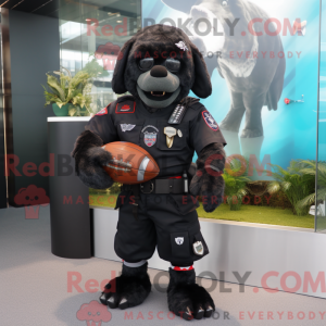 Mascot character of a Black Marine Recon dressed with a Rugby Shirt and Keychains