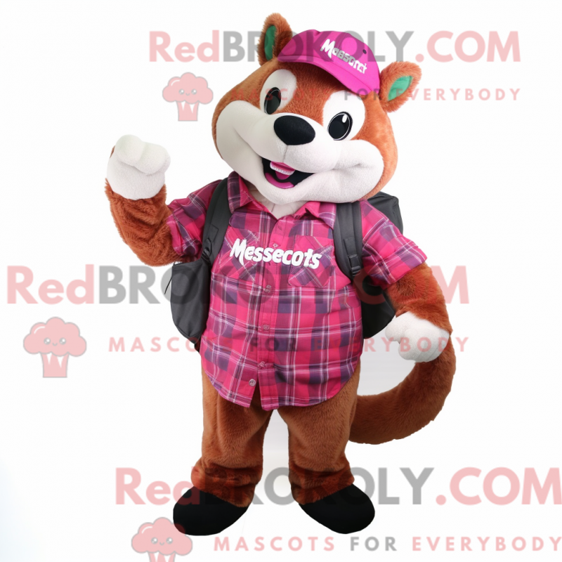 Mascot character of a Magenta Weasel dressed with a Flannel Shirt and Messenger bags Mascot character of a Magenta Weasel dressed with a Flannel Shirt and Messenger bags
