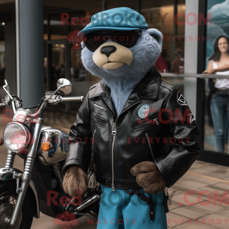 Mascot character of a Cyan Otter dressed with a Biker Jacket and Watches Mascot character of a Cyan Otter dressed with a Biker Jacket and Watches