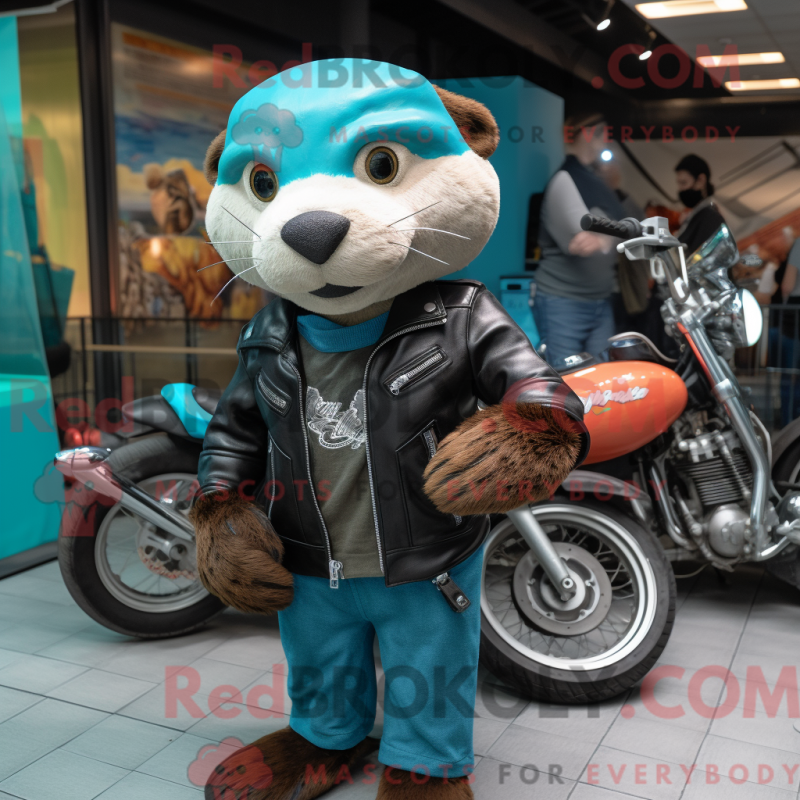 Mascot character of a Cyan Otter dressed with a Biker Jacket and Watches Mascot character of a Cyan Otter dressed with a Biker Jacket and Watches