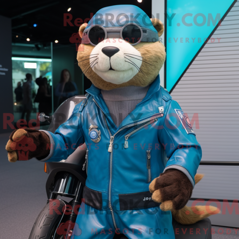 Mascot character of a Cyan Otter dressed with a Biker Jacket and Watches Mascot character of a Cyan Otter dressed with a Biker Jacket and Watches