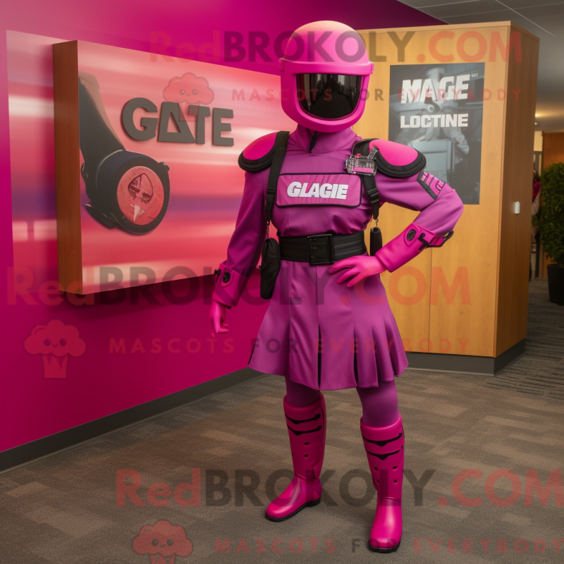 Mascot character of a Magenta Gi Joe dressed with a Mini Skirt and Shoe clips Mascot character of a Magenta Gi Joe dressed with a Mini Skirt and Shoe clips