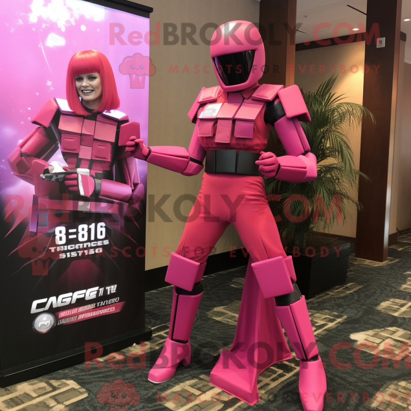 Mascot character of a Magenta Gi Joe dressed with a Mini Skirt and Shoe clips Mascot character of a Magenta Gi Joe dressed with a Mini Skirt and Shoe clips