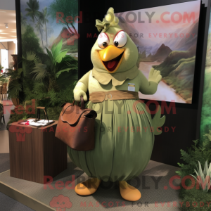 Mascot character of a Olive Butter Chicken dressed with a Maxi Skirt and Handbags