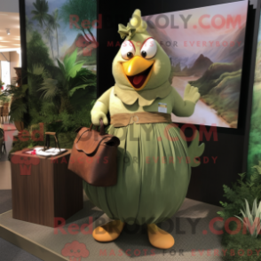 Mascot character of a Olive Butter Chicken dressed with a Maxi Skirt and Handbags