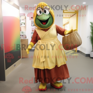 Mascot character of a Olive Butter Chicken dressed with a Maxi Skirt and Handbags