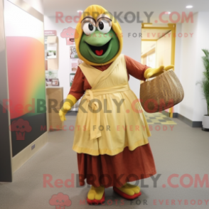 Mascot character of a Olive Butter Chicken dressed with a Maxi Skirt and Handbags