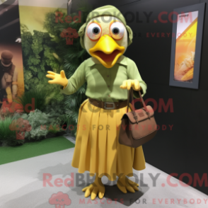 Mascot character of a Olive Butter Chicken dressed with a Maxi Skirt and Handbags