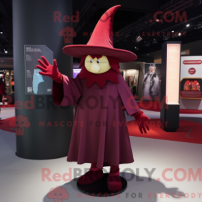 Mascot character of a Maroon Witch'S Hat dressed with a Trousers and Gloves