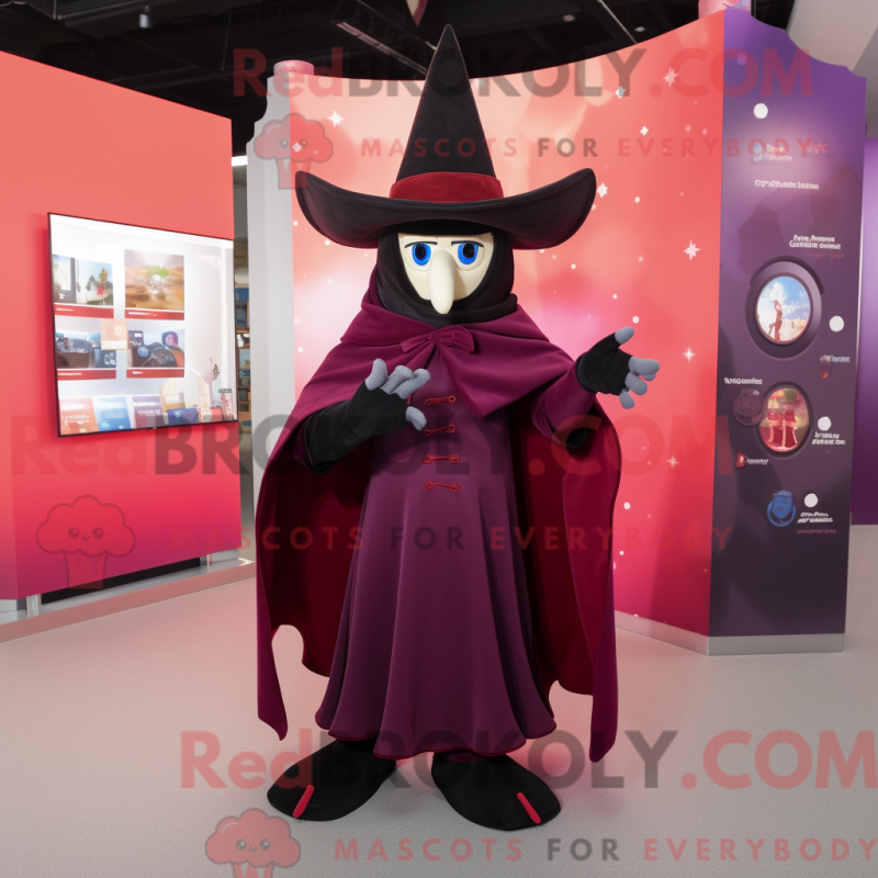 Mascot character of a Maroon Witch'S Hat dressed with a Trousers and Gloves Mascot character of a Maroon Witch'S Hat dressed with a Trousers and Gloves