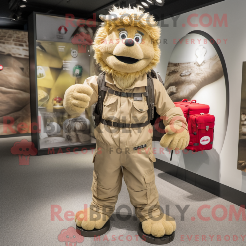 Mascot character of a Beige Wrist Watch dressed with a Cargo Pants and Backpacks Mascot character of a Beige Wrist Watch dressed with a Cargo Pants and Backpacks