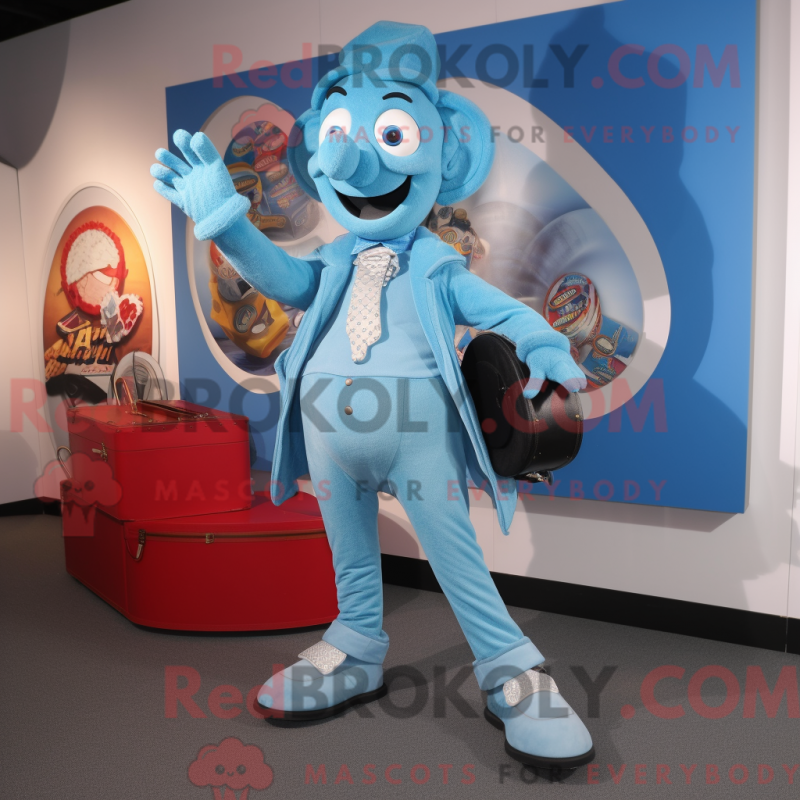 Mascot character of a Sky Blue Contortionist dressed with a Waistcoat and Wallets Mascot character of a Sky Blue Contortionist dressed with a Waistcoat and Wallets