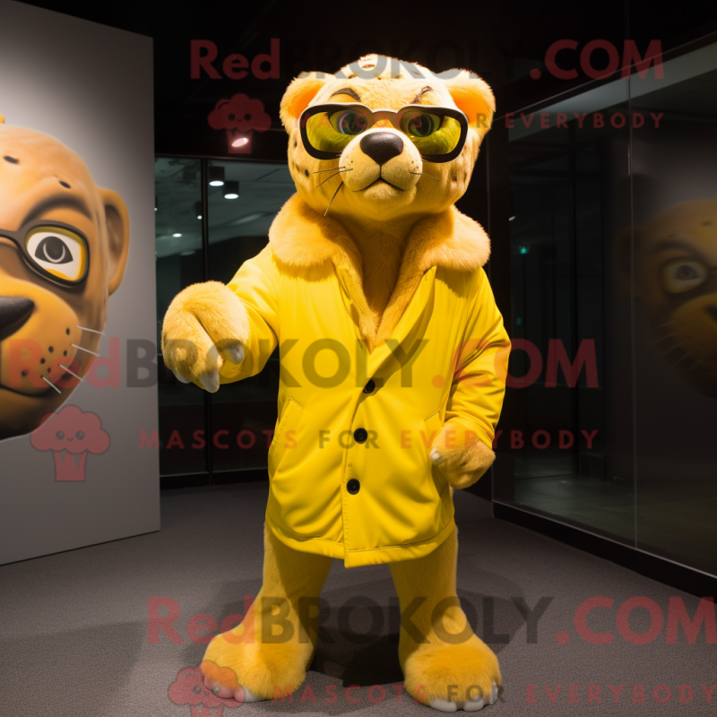 Mascot character of a Lemon Yellow Smilodon dressed with a Coat and Eyeglasses Mascot character of a Lemon Yellow Smilodon dressed with a Coat and Eyeglasses