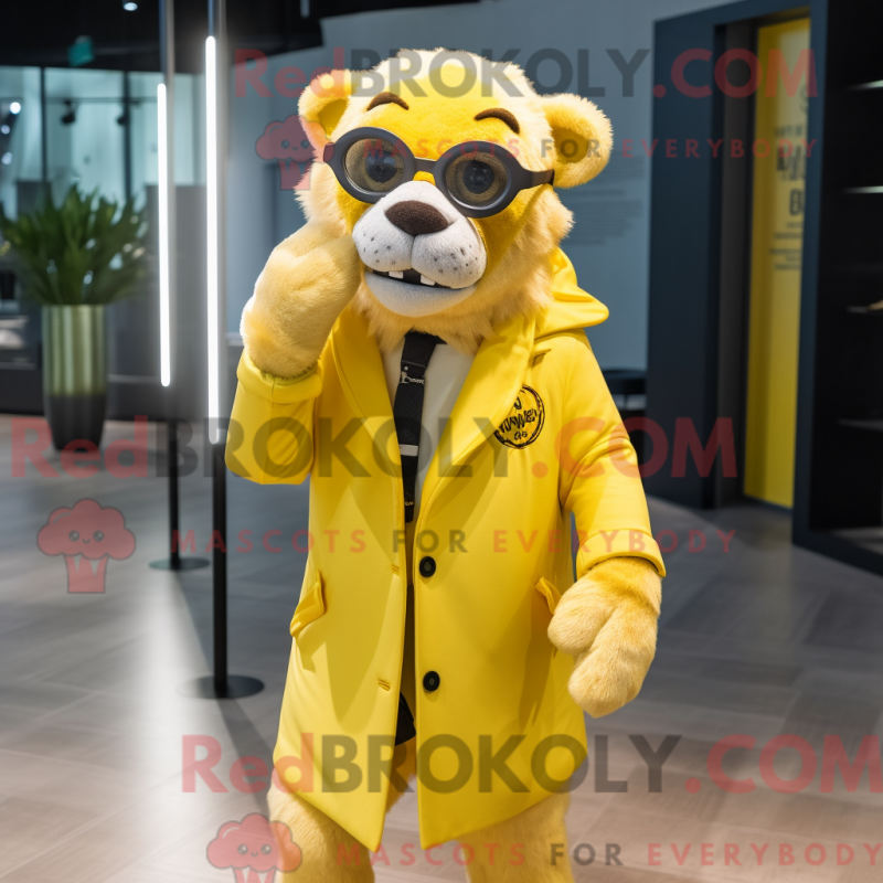 Mascot character of a Lemon Yellow Smilodon dressed with a Coat and Eyeglasses Mascot character of a Lemon Yellow Smilodon dressed with a Coat and Eyeglasses