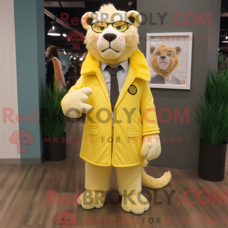 Mascot character of a Lemon Yellow Smilodon dressed with a Coat and Eyeglasses Mascot character of a Lemon Yellow Smilodon dressed with a Coat and Eyeglasses