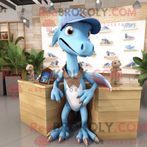 Mascot character of a Sky Blue Dimorphodon dressed with a Chambray Shirt and Bracelet watches