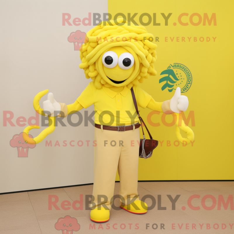 Mascot character of a Lemon Yellow Medusa dressed with a Polo Tee and Belts Mascot character of a Lemon Yellow Medusa dressed with a Polo Tee and Belts
