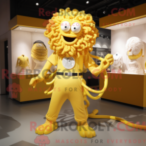 Mascot character of a Lemon Yellow Medusa dressed with a Polo Tee and Belts