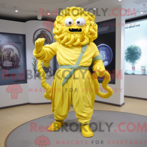 Mascot character of a Lemon Yellow Medusa dressed with a Polo Tee and Belts