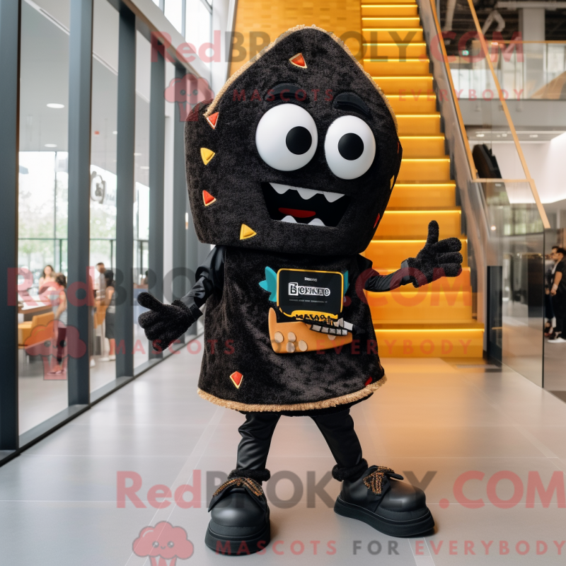 Mascot character of a Black Nachos dressed with a Romper and Shoe laces Mascot character of a Black Nachos dressed with a Romper and Shoe laces