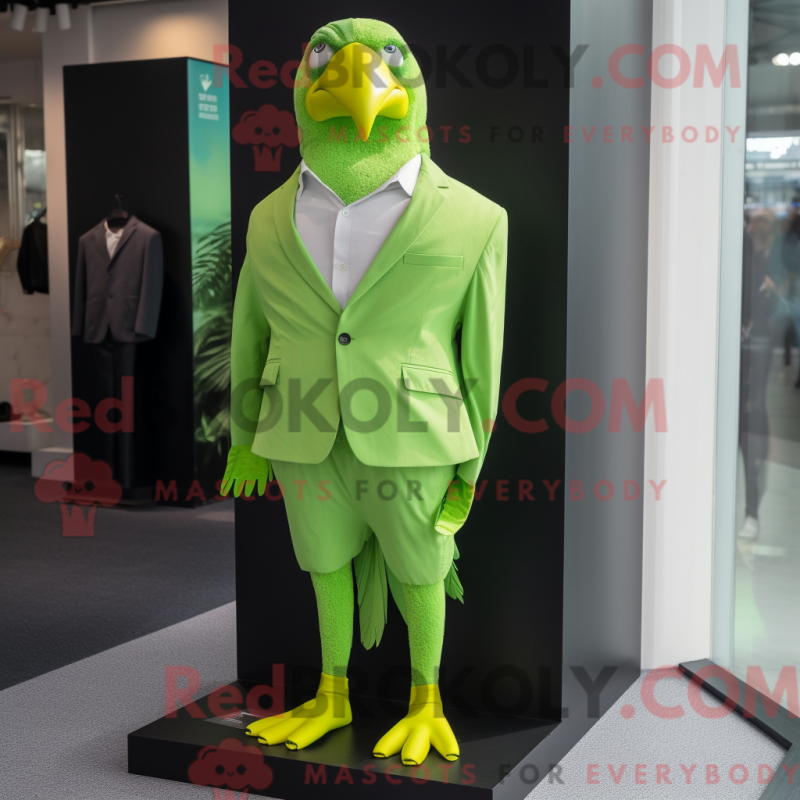 Mascot character of a Lime Green Pigeon dressed with a Suit Jacket and Shoe clips Mascot character of a Lime Green Pigeon dressed with a Suit Jacket and Shoe clips