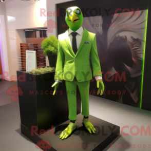 Mascot character of a Lime Green Pigeon dressed with a Suit Jacket and Shoe clips