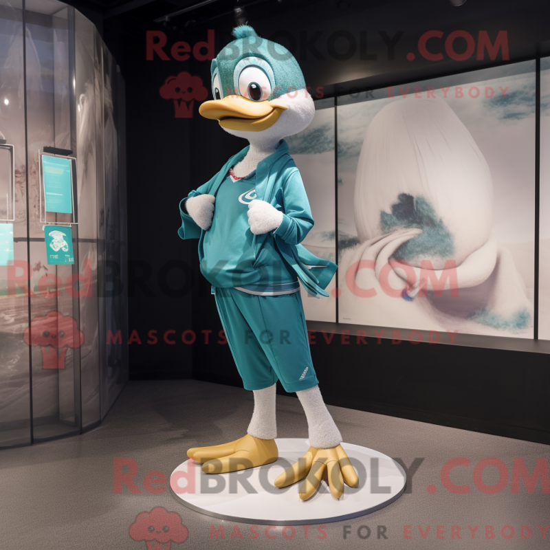 Mascot character of a Teal Swan dressed with a One-Piece Swimsuit and Shoe laces