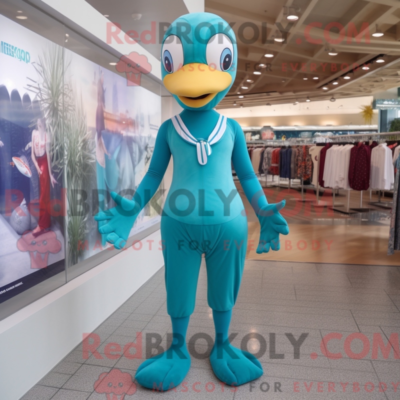 Mascot character of a Teal Swan dressed with a One-Piece Swimsuit and Shoe laces