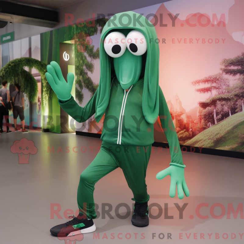 Mascot character of a Forest Green Squid dressed with a Joggers and Rings Mascot character of a Forest Green Squid dressed with a Joggers and Rings