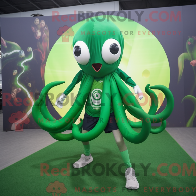 Mascot character of a Forest Green Squid dressed with a Joggers and Rings Mascot character of a Forest Green Squid dressed with a Joggers and Rings