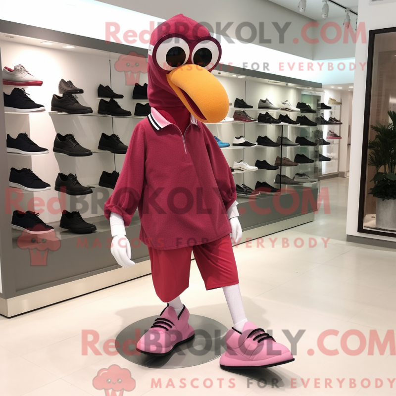 Mascot character of a Maroon Flamingo dressed with a Bodysuit and Shoe laces Mascot character of a Maroon Flamingo dressed with a Bodysuit and Shoe laces