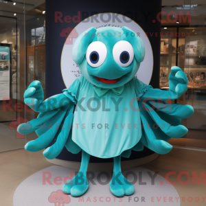 Mascot character of a Teal Crab dressed with a Circle Skirt and Mittens