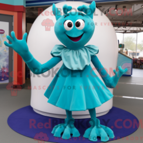 Mascot character of a Teal Crab dressed with a Circle Skirt and Mittens