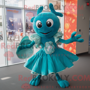 Mascot character of a Teal Crab dressed with a Circle Skirt and Mittens