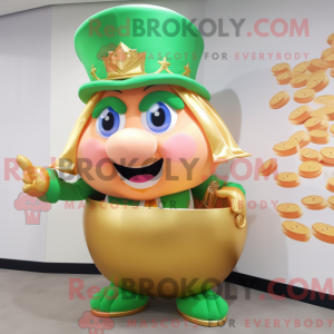 Mascot character of a Peach Pot Of Gold dressed with a Bikini and Belts