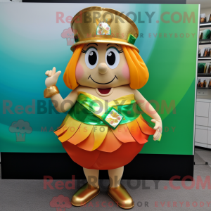 Mascot character of a Peach Pot Of Gold dressed with a Bikini and Belts
