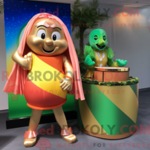 Mascot character of a Peach Pot Of Gold dressed with a Bikini and Belts